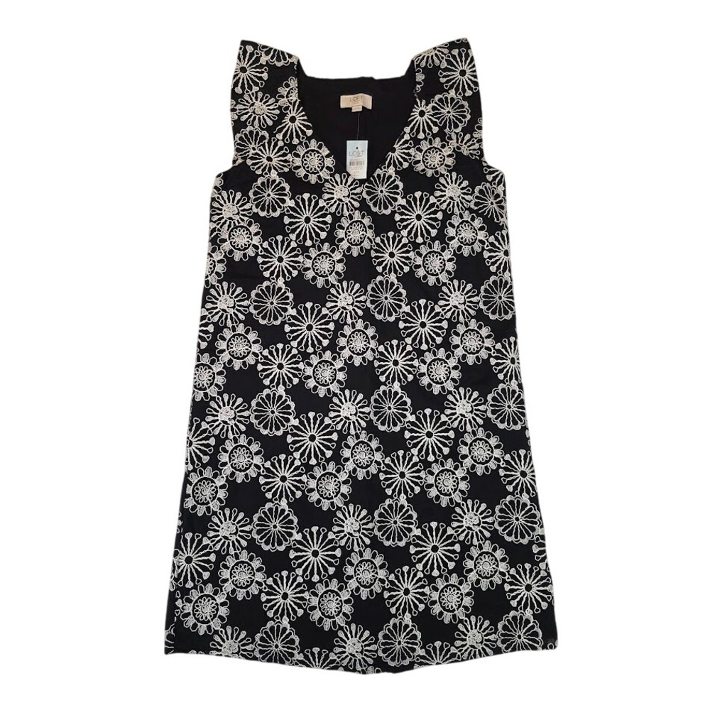 LOFT Womens XXS Petite Shift Dress Black White Floral Embroidered Sleeveless NWT